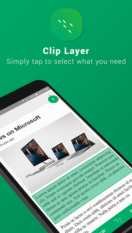 Screenshot of smart phone and text: Clip Layer, simply tap to select what you need