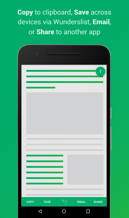 Screenshot of selected content and text: Copy to clipboard. Save across devices via Wunderslist. Email, or Share to another app