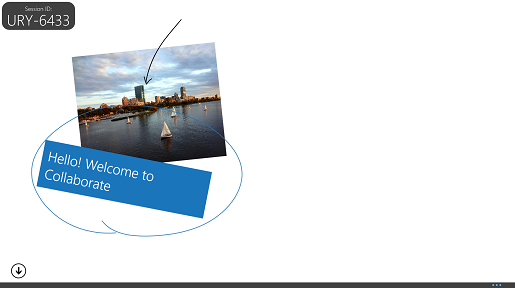 Screenshot showing a Session ID, a photo of a cityscape with an arrow pointing to the tallest building, and Hello! Welcome to Collaborate text