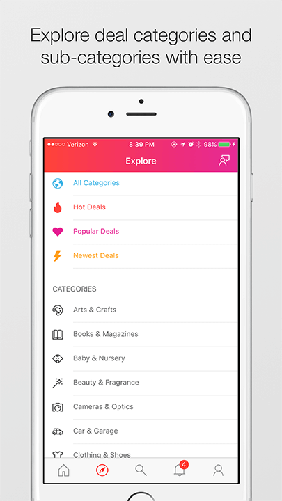 Screenshot of categories such as Hot Deals, Newest Deals, Arts & Crafts, Cameras & Optics with the text: Explore deal categories and sub categories with ease.