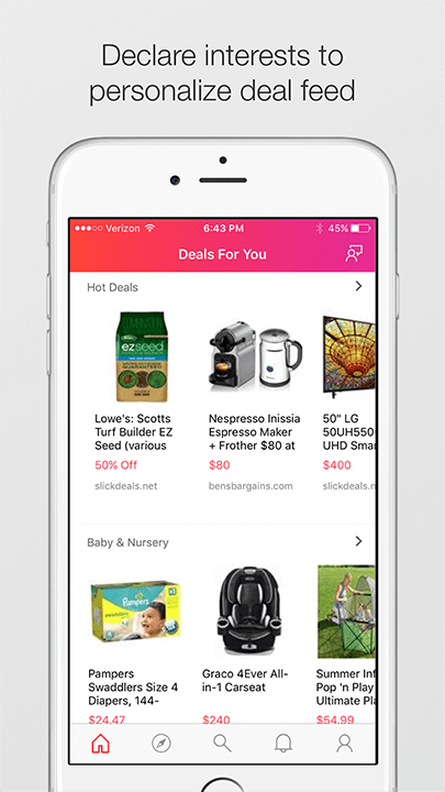 Screenshot of Deals for You with the text: Declare interests to personalize deal feed.