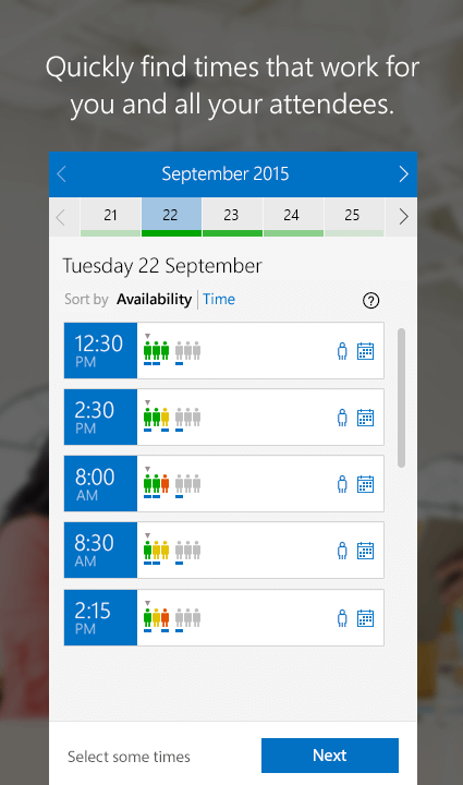 Screesnhot of calendar availability of three people for several time slots on the same day