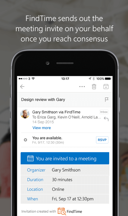 Screenshot of final meeting invite with text: FindTime sends out the meeting invite on your behalf once you reach consensus