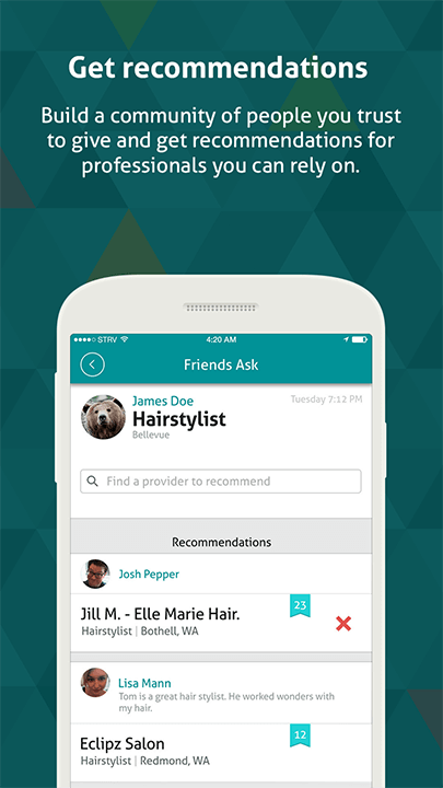 Screenshot of app with text: Get recommendations. Build a community of people you trust to give and get recommendations for professionals