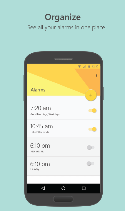 Screenshot of app with text: Organize. See all your alarms in one place