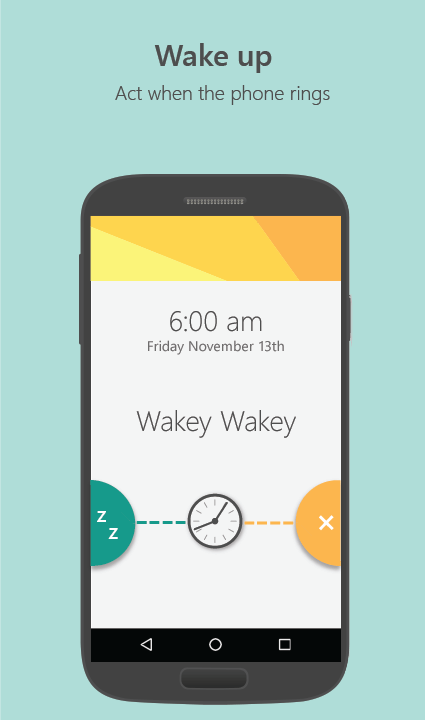 Screenshot of alarm in app with text: Wake up. Act when the phone rings