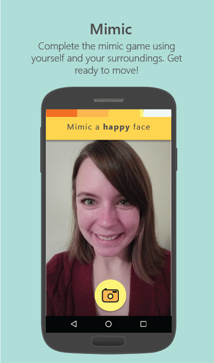 Screenshot of a photo in the app with text: Mimic. Complete the mimic game using yourself and your surroundings. Get ready to move!