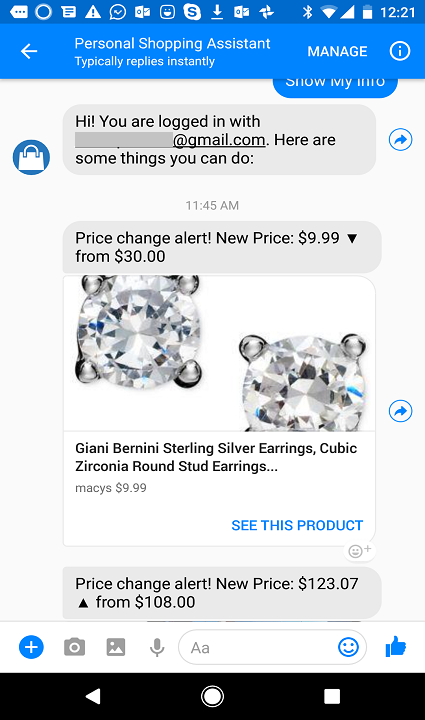 Screenshot of saved product with price change alert