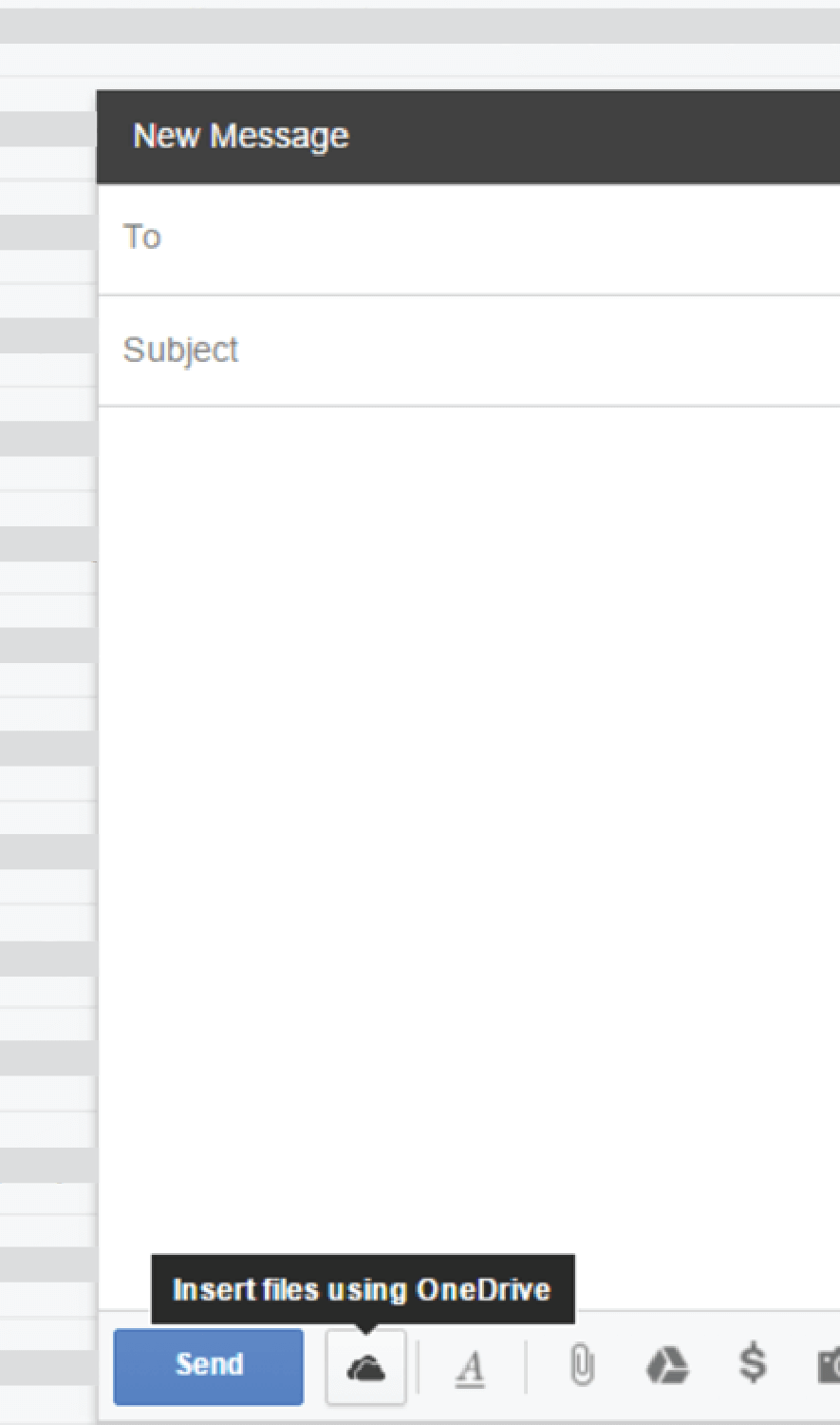 Screenshot of New Message showing Insert files using OneDrive icon