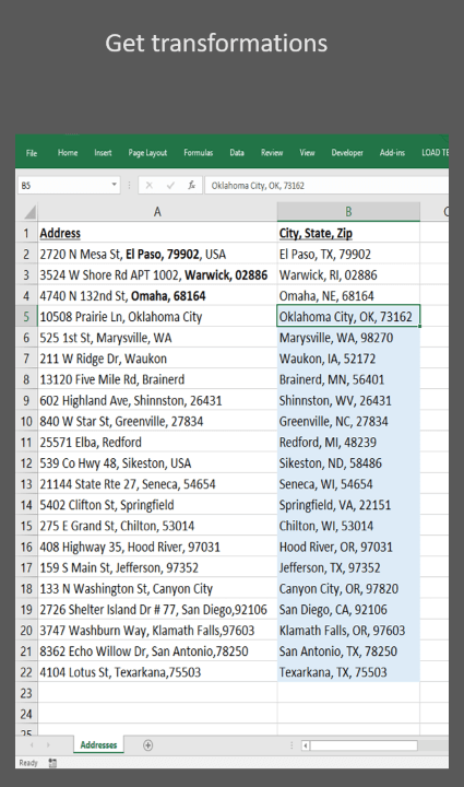 Excel spreadsheet screenshot with text: Get transformations