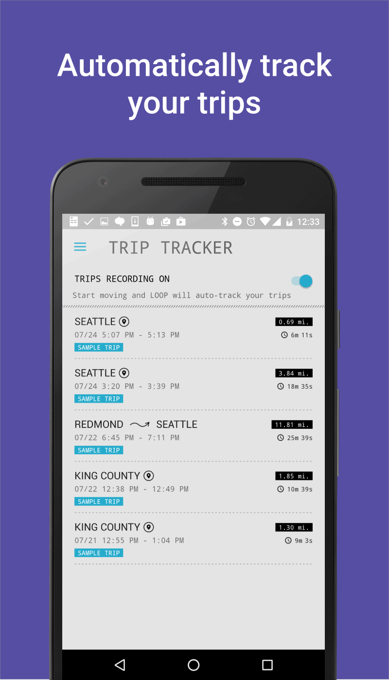 Screenshot of a list trips taken. Text: Automatically track your trips.