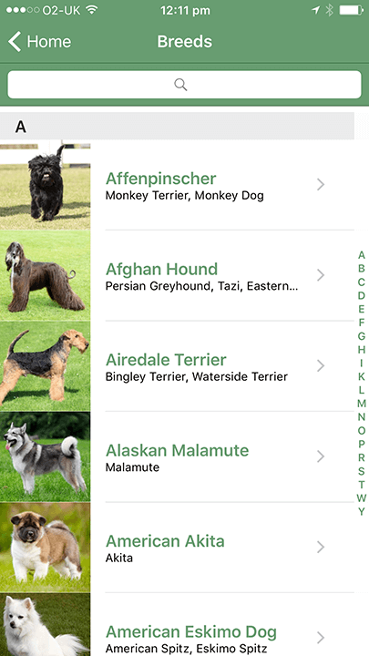 Screenshot of alphabetical listing of dog breeds with corresponding photos