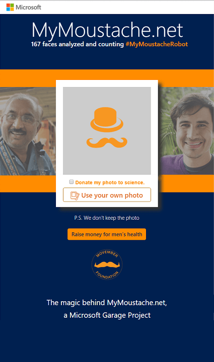 Screenshot of app with app info: ...Use your own photo... Raise money for men's health... The magic behind MyMoustache.net, a Microsoft Garage Project