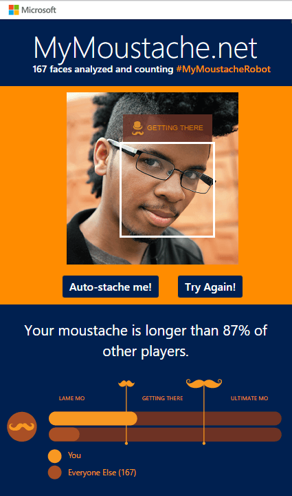 Screenshot of a closeup of a face selected and options to: Auto-stache me! or Try Again! Below photo text: Your moustache is longer than 87% of other players