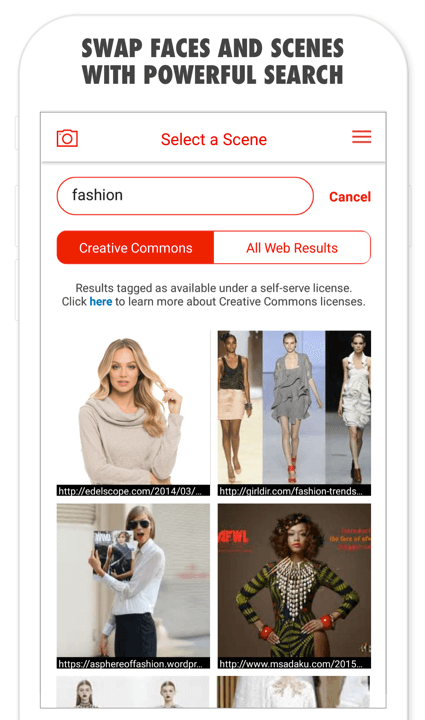 Screenshot of search within app with text: Swap faces and scenes with powerful search