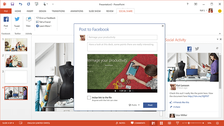 A PowerPoint slide screenshot being added to Facebook