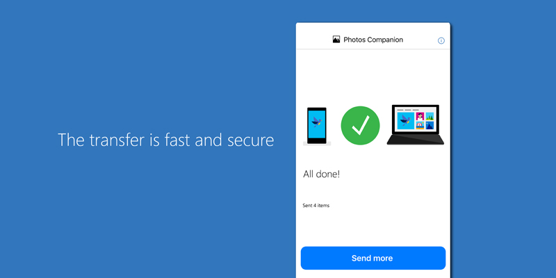 Photos Companion screen 4. Text: The transfer is fast and secure.