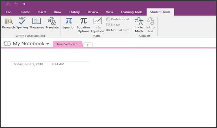 Student Tools ribbon on OneNote