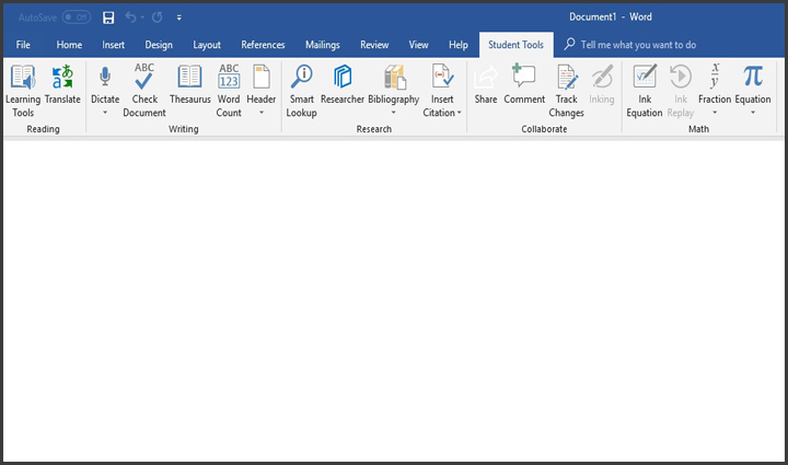 Student Tools ribbon on Word