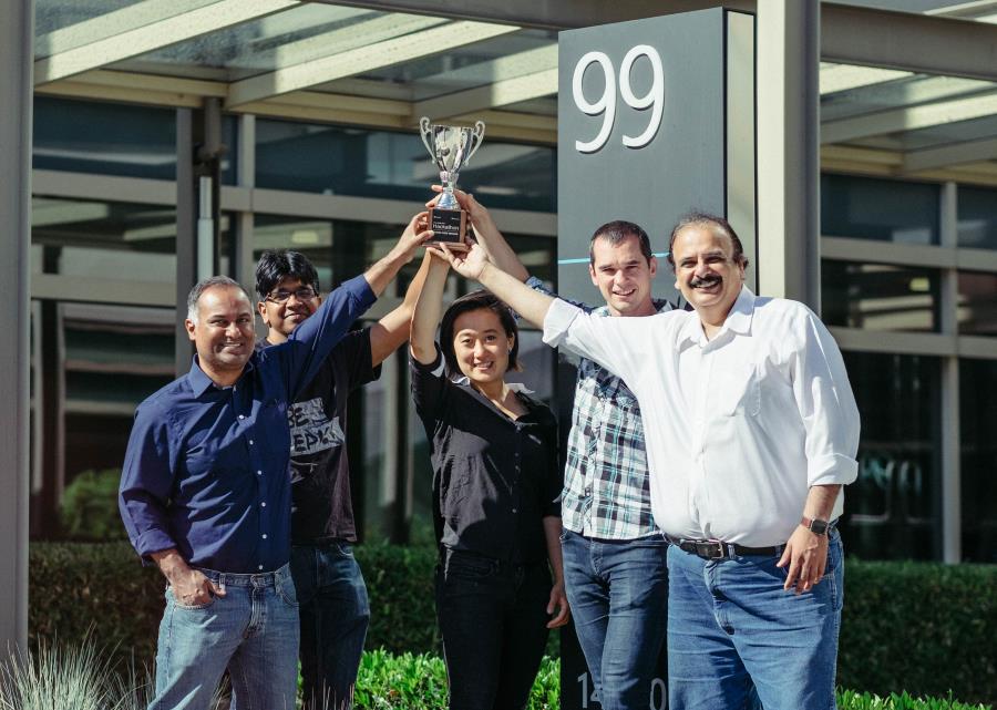 Hackathon 2017 winning project team Lookout: Matthai Philipose, Lenin Sivalingam, Yifan Wu, Peter Bodik and Victor Bahl. (Photo by Elizabeth Ong)