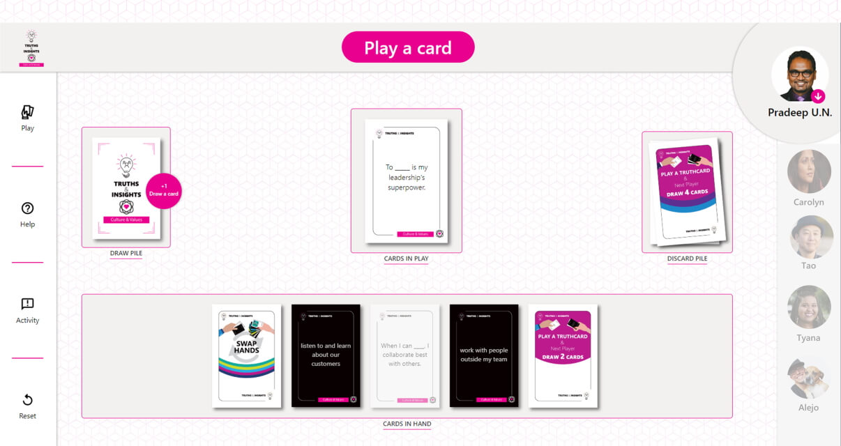 Truths & Insights digital platform screenshot of the digital card game interface