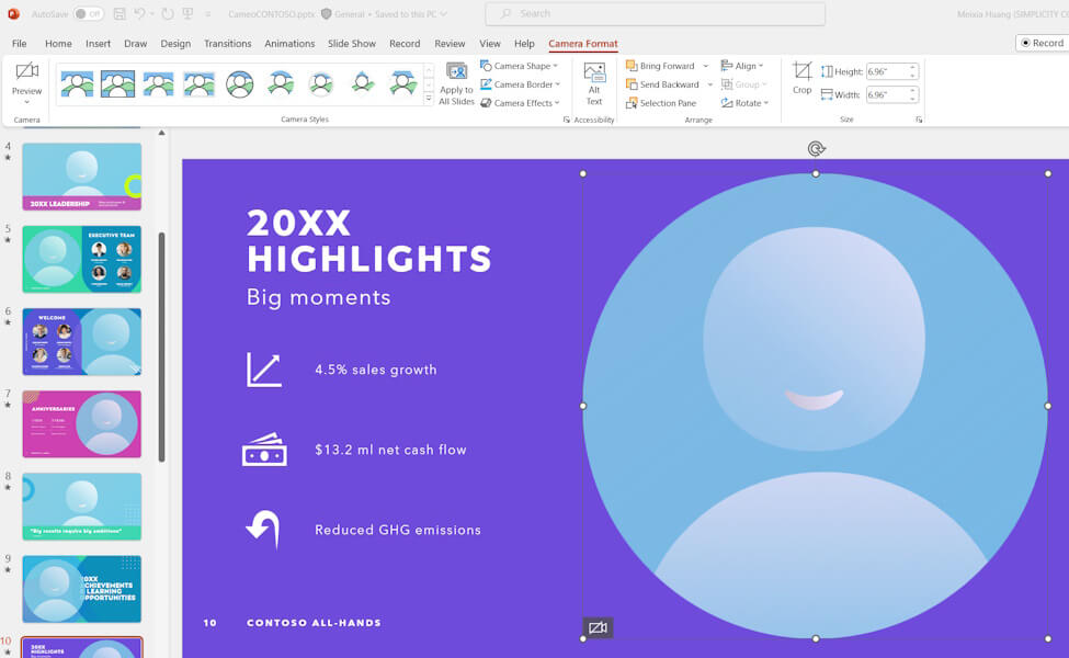 Cameo format layout options in PowerPoint slides